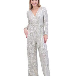 Eliza J Sequin Wrap Front Long Sleeve Jumpsuit Silver Plus Size 14W